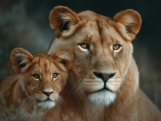 Obraz premium Lioness and cub resting together in natural habitat, showcasing bond and strength in the African wilderness.