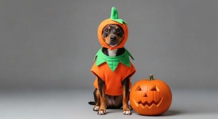 Adorable dog dressed as a pumpkin for Halloween, sitting next to a carved jack-o'-lantern