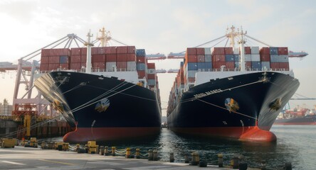 Fototapeta premium Two large cargo ships face each other in port, loaded with shipping containers