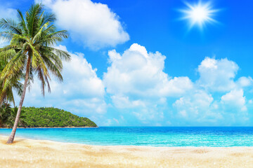 Sea beach, paradise tropical island, turquoise ocean water, beautiful exotic nature landscape, coconut palm tree, yellow golden sand, sun blue sky white clouds, summer holiday, vacation, travel banner