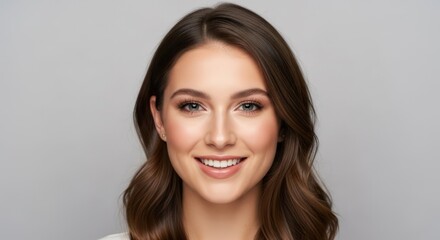 Fototapeta premium Close-up portrait of a beautiful young woman with brown hair and a radiant smile on a grey background