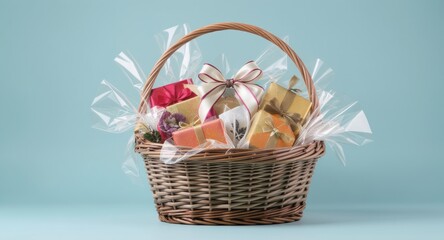 Wicker basket filled with wrapped gifts, ribbon, & cellophane on blue background