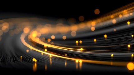 Abstract golden light trails with bokeh effect on a dark background, futuristic and dynamic motion