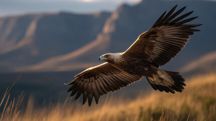 Obraz premium Majestic golden eagle soars gracefully over sunlit grassy landscape with distant mountains blurred in background, showcasing powerful wings and keen focus