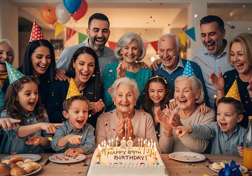 Joyful Multi-Generational Family Celebrating 88th Birthday with Confetti and Party Hats