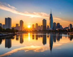 Urban Sunrise over a Calm Reflecting Waterway