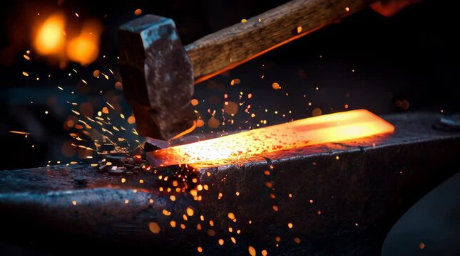 smith swinging flat faced hammer at an anvil, the moment the hammer hits the glowing red sword blade that is being forged, realistic sparks coming away from point of impact, slag falling off of the 