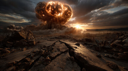 Dramatic apocalyptic scene with massive fiery explosion mushroom cloud rising over cracked barren landscape under dark cloudy sky at sunset, evoking intense destruction and chaos