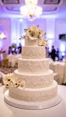 Fototapeta premium Elegant White Wedding Cake with Intricate Lace and Floral Decorations.