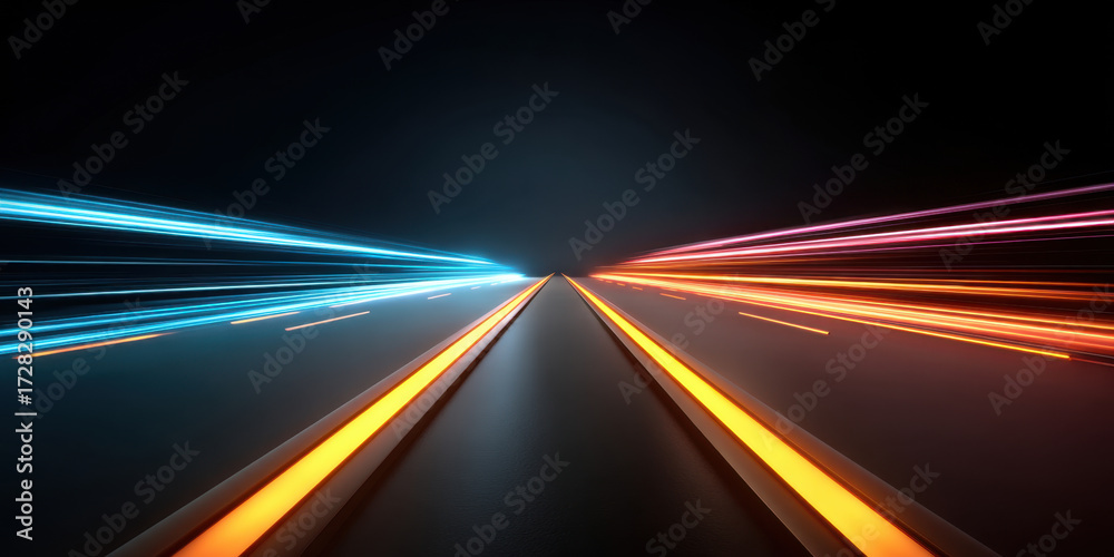 Wall mural futuristic road with glowing neon lines in blue and orange colors creating dynamic and energetic atm