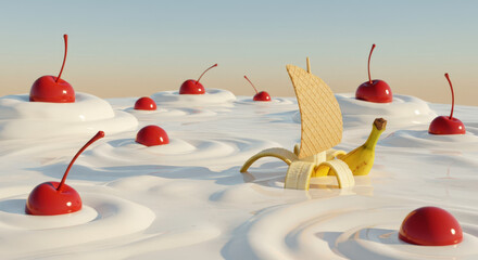 banana boat with milk sea and cherry