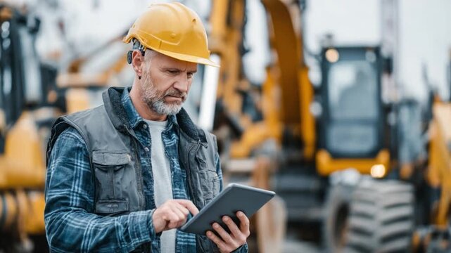 Construction Site Supervisor: A focused construction supervisor, complete with hardhat, engrossed in his tablet, overseeing a backdrop of heavy machinery, embodies diligent site management.