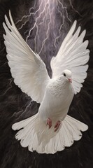 A majestic white dove soars through a dramatic backdrop of surging, ethereal lightning, showcasing its grace and beauty against a dark, textured surface.