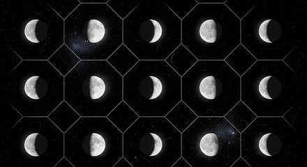 Photo of moon phases in a geometric pattern against a starry background