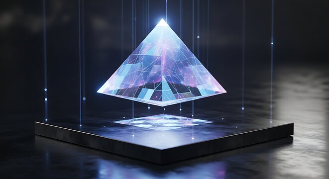 Photo of abstract glowing pyramid made of geometric shapes and light - Powered by Adobe