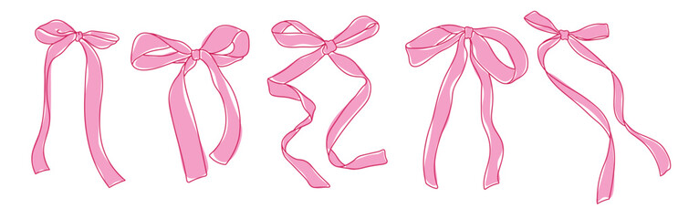 Cute pink ribbon bow vector collection. Coquette style with pink bow clip art