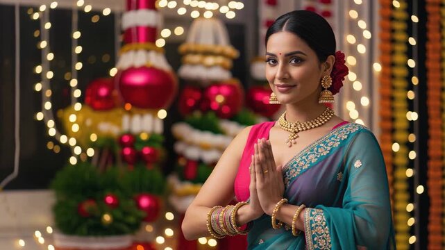 indian woman doing namaste or welcome gesture on diwali festival 