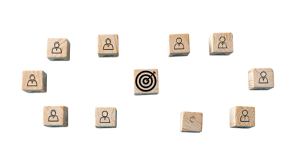 Wooden blocks with person icons surrounding a target icon