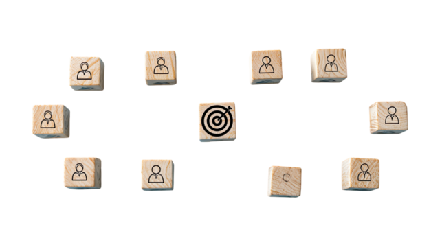Wooden blocks with person icons surrounding a target icon