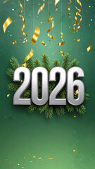 Happy New Year 2026 Celebration with Gold Confetti and Greenery.