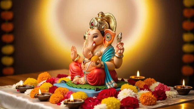 Lord ganesha sculpture decorative with traditional oil lamp and marigold flower 