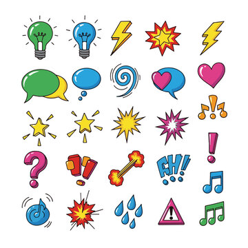 Comic doodle expressions set featuring cartoon-style manga effects, speech bubbles, lightning arrows, idea lightbulbs, love and shock symbols, angry emojis, spirals, tears, and stars. Vector collectio