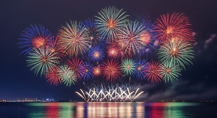 Colorful Fireworks Display Over Water.