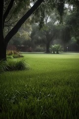 Fototapeta premium Serene Rain-Kissed Lawn - Moody Landscape Photography.