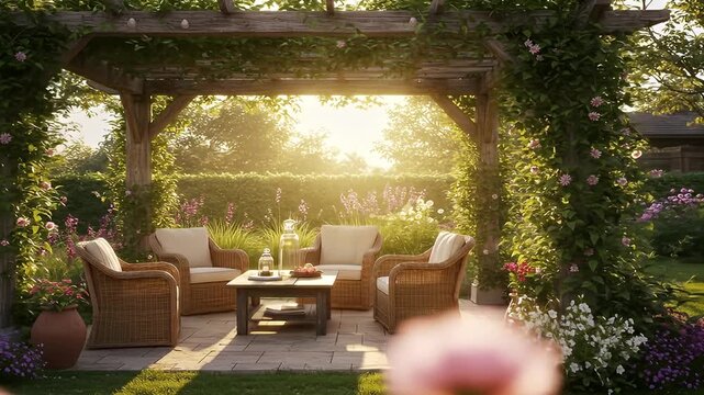 Outdoor seating with wicker chairs, stone patio, pergola, lush green plants, sunlight