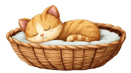 Sleeping orange tabby kitten curled up in a woven basket with white cushion