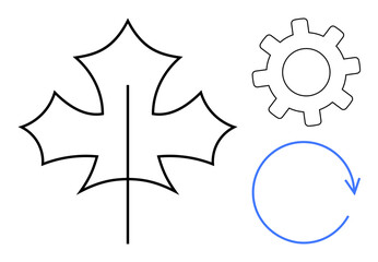 Leaf outline, cogwheel, and circular arrow showcasing harmony of nature, innovation, and sustainability. Ideal for ecology, technology, renewable energy, production process environment recycling