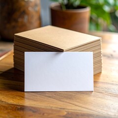 Fototapeta premium A stack of blank, light brown cards sits on a wooden surface with one white card in front