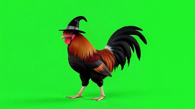 Whimsical 3D rooster animated with a witch hat, perfect for Halloween or fantasy projects, showcasing a seamless walk cycle loop with vibrant fur detail and green screen background.