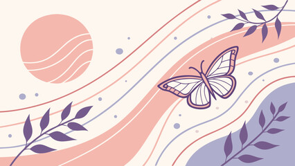 Abstract butterfly and sun with pastel waves and leaves