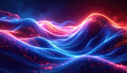 A mesmerizing display of vibrant, glowing waves, formed by swirling particles of red and blue light, creating a dynamic abstract landscape.
