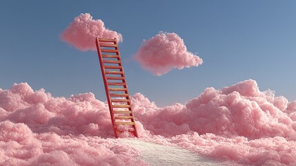 Step Ladder Leading to Clouds. Minimal Pink Composition Illustrating Growth, Future, and Development Concept.