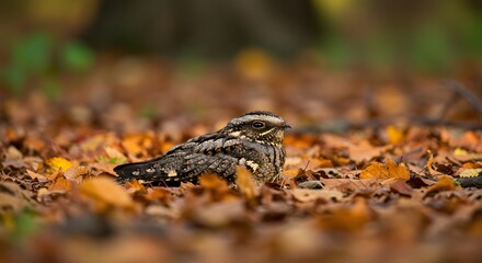 Obraz premium Bird nestled among autumn leaves