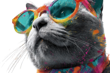 Cool Cat in Colorful Sunglasses Artistic Portrait isolated on a white background