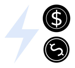 Lightning bolt paired with two dollar coins illustrating energy and financial connection. Ideal for power, finance, investment, energy cost, economic growth, savings, renewable energy. Clean