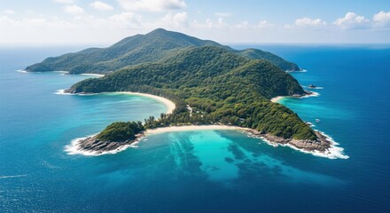 Fototapeta premium Tropical island paradise, lush greenery, pristine beach