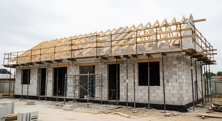 Under-construction house, block walls and wooden roof framing