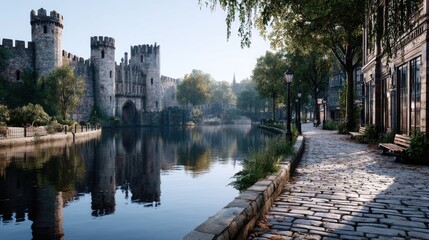 Obraz premium Scenic Castle Reflecting in Water Under Clear Sky with Cobblestone Path and Mature Trees on a Sunny Day at Historic Site