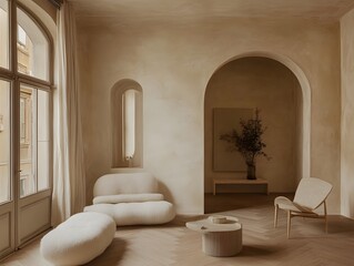 Neutral Beige Living Room Interior Design with Archways and Modern Furniture