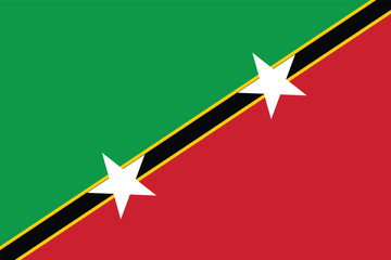 The national flag of Saint Kitts and Nevis, featuring a diagonal black band with two white stars, bordered by yellow, separating green and red triangles.