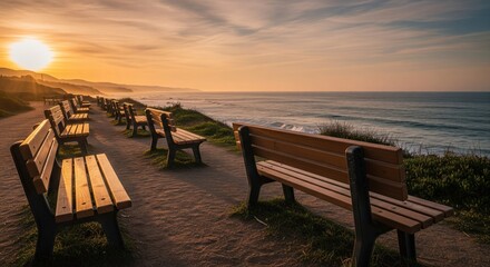 Coastal benches at sunset.  A tranquil scene of wooden benches along a coastal path at sunset.  Soft golden light bathes the landscape, with the ocean waves gently lapping in the distance
