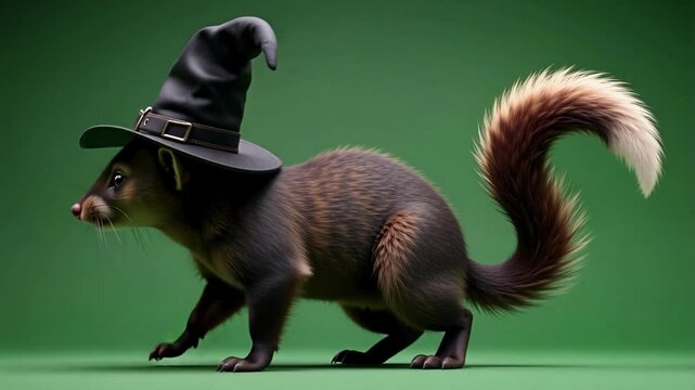 Enchanting witch hat weasel walks forward in a captivating green screen loop, perfect for magical animation projects and fantasy themes.