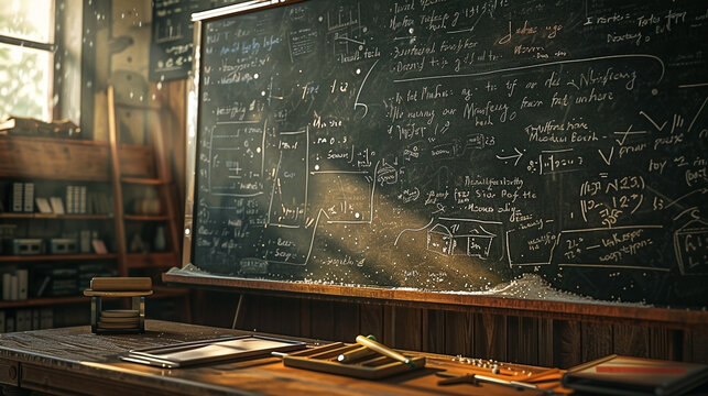 Vintage classroom filled with mathematical equations written on a chalkboard illuminated by sunlight
