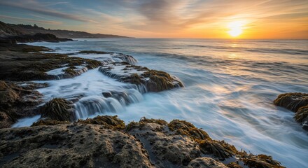 Coastal sunset over rocky shore.  Waves cascading over rocks at golden hour