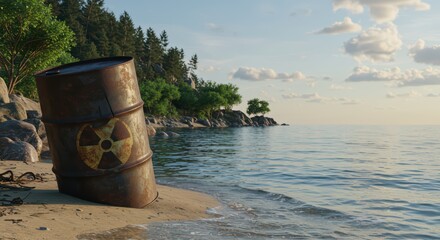 Obraz premium Rusty barrel with radiation sign on sandy beach. Toxic waste pollution on coastline. Ecological disaster and environmental destruction concept for eco banner or poster.