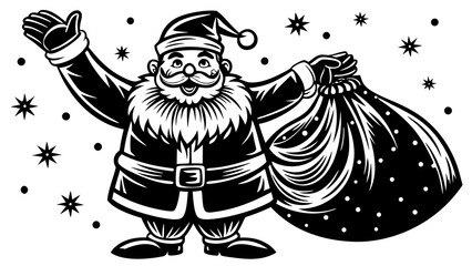 Illustration of santa claus waving with a full bag of presents surrounded by snowflakes in black and white on transparent background silhouette